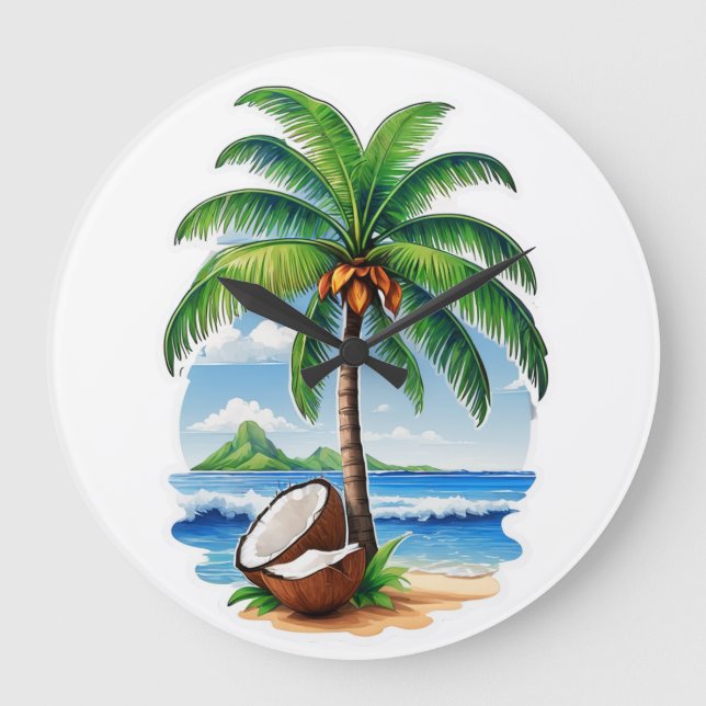Coconut Tree Tropical Island Large Clock (Front)