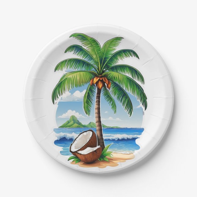 Coconut Tree Tropical Island Paper Plate (Front)