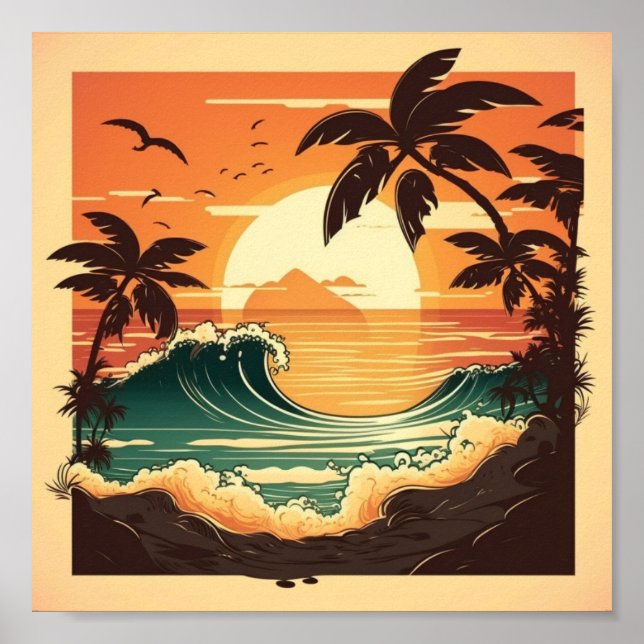 Coconut Trees and Ocean Waves Poster (Front)