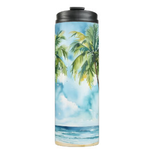 Coconut trees watercolor wallpaper background art thermal tumbler