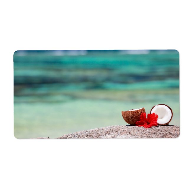 Coconut with tropical flower on exotic coast (Front)