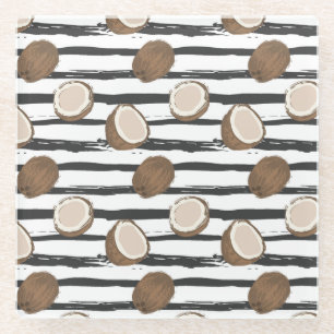 Coconuts on Grunge Stripes Pattern Glass Coaster