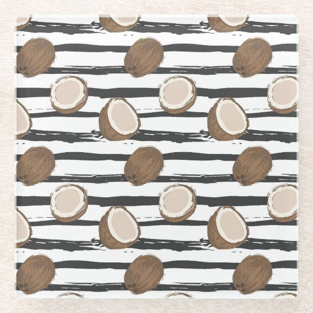 Coconuts on Grunge Stripes Pattern Glass Coaster (Front)