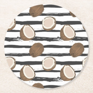 Coconuts on Grunge Stripes Pattern Round Paper Coaster