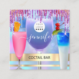 Coctail Pub Wine Restaurant Logo Holographic Drips Square Business Card