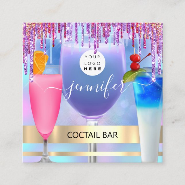Coctail Pub Wine Restaurant Logo Holographic Drips Square Business Card (Front)