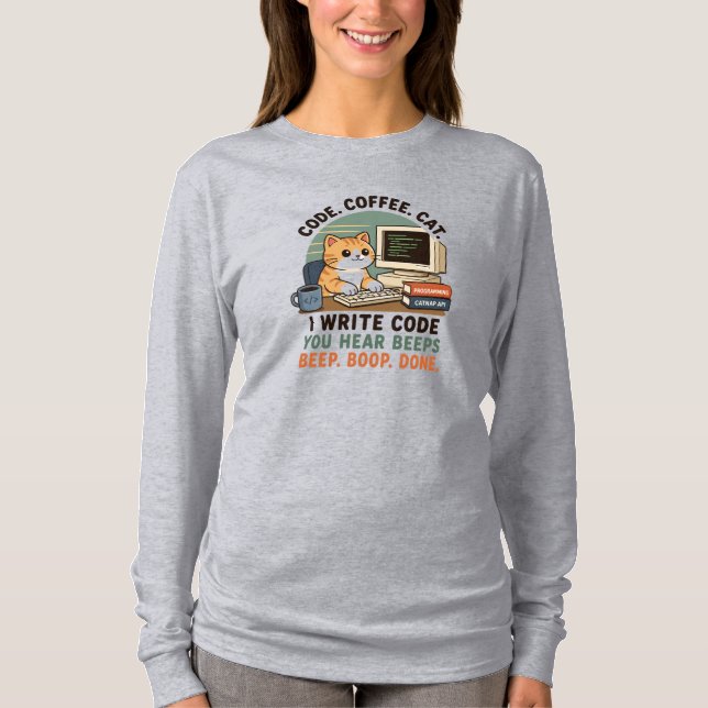 Code Coffee Cat Programmer Humour Illustration T-Shirt (Front)