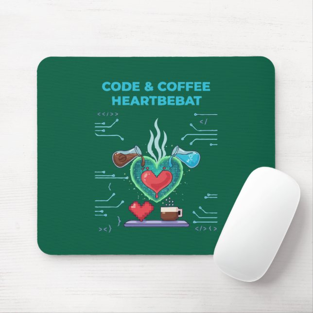 Code & Coffee Heartbeat | Funny Geek Programmer   Mouse Mat (With Mouse)