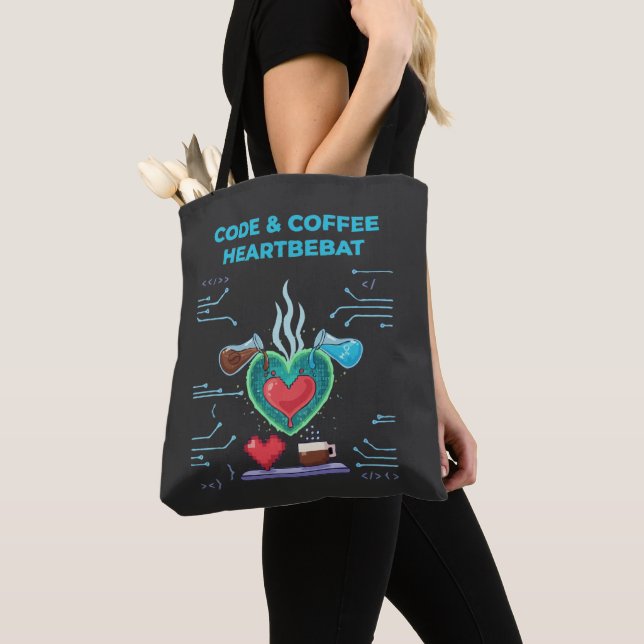 Code & Coffee Heartbeat | Funny Geek Programmer   Tote Bag (Close Up)