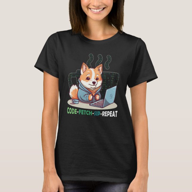 Code Fetch Sip Repeat Coffee Binary Shiba Inu Prog T-Shirt (Front)