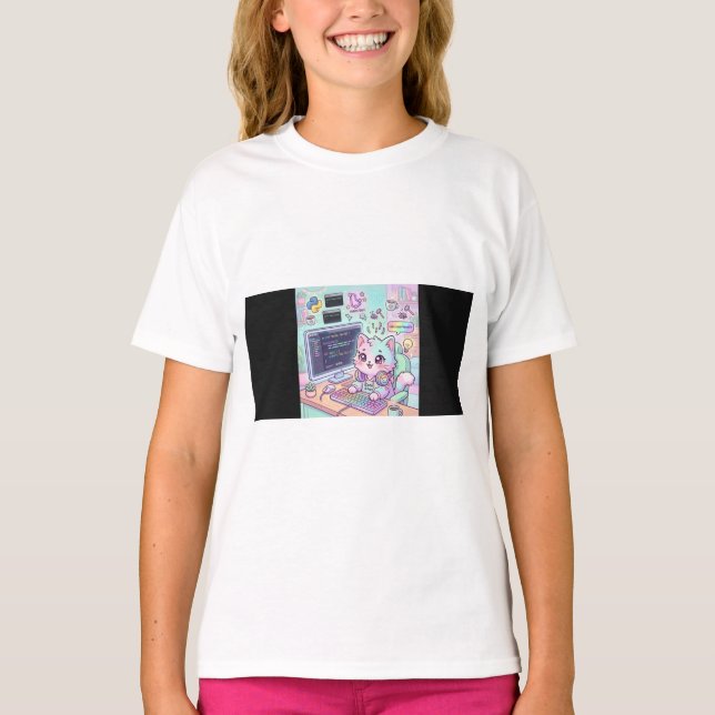 Code & Purr Cute Programmer Cat T-Shirt | Kawaii C (Front)