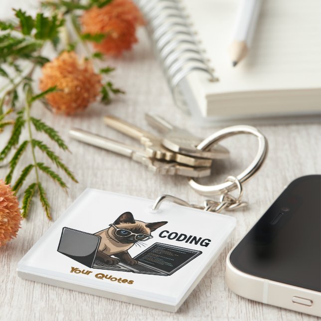 Coding Siamese Cat Cartoon Key Ring (Front Right)