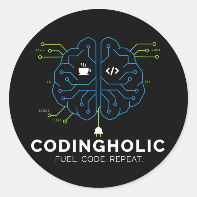 Codingholic Tech Brain Programmer Dark  Classic Round Sticker (Front)