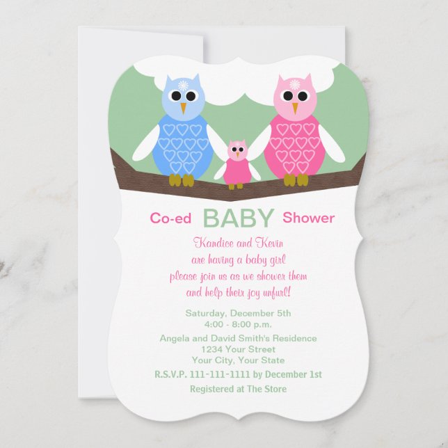Coed Couples Owls Baby Girl Shower Invitation (Front)