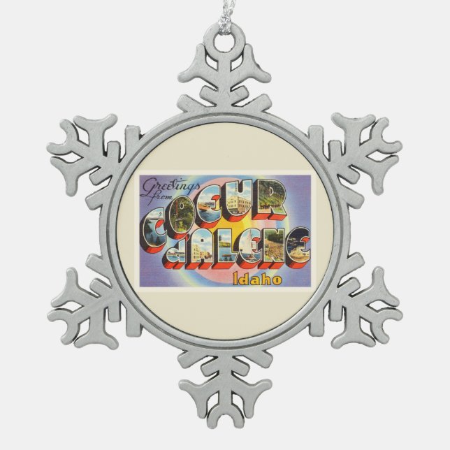Coeur d'Alene Idaho ID Old Vintage Travel Souvenir Snowflake Pewter Christmas Ornament (Front)