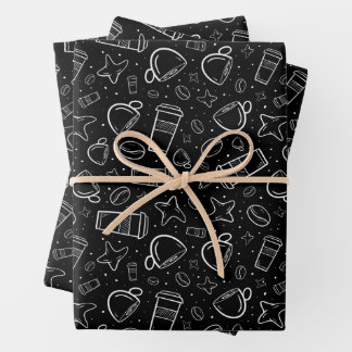 Coffe in black and white with stars for your craft wrapping paper sheet
