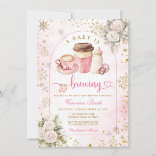 Coffee A Baby is Brewing Pink Bow Baby Shower Gold Invitation