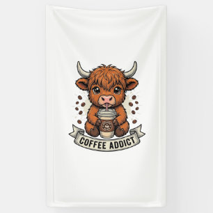 Coffee Addict Cute Highland Cow Vintage Engraving  Banner