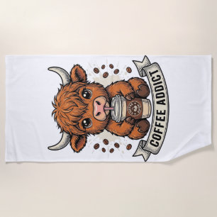 Coffee Addict Cute Highland Cow Vintage Engraving Beach Towel
