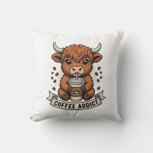Coffee Addict Cute Highland Cow Vintage Engraving  Cushion