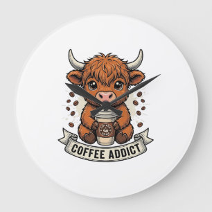 Coffee Addict Cute Highland Cow Vintage Engraving  Large Clock