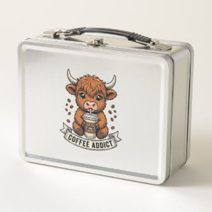 Coffee Addict Cute Highland Cow Vintage Engraving Metal Lunch Box