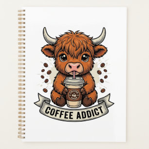Coffee Addict Cute Highland Cow Vintage Engraving Planner