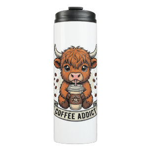 Coffee Addict Cute Highland Cow Vintage Engraving  Thermal Tumbler