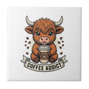 Coffee Addict Cute Highland Cow Vintage Engraving Tile