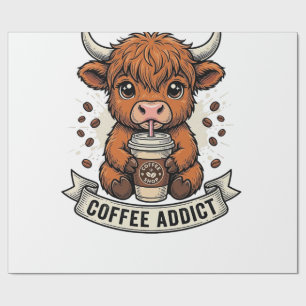 Coffee Addict Cute Highland Cow Vintage Engraving  Wrapping Paper