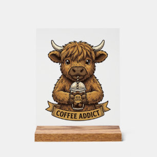 Coffee Addict Highland Cow Vintage Engraving Shirt Acrylic Sign