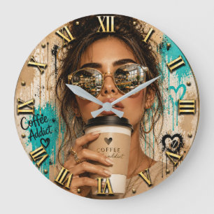 Coffee Addict Luxury Fashion Chic Woman Portrait Large Clock