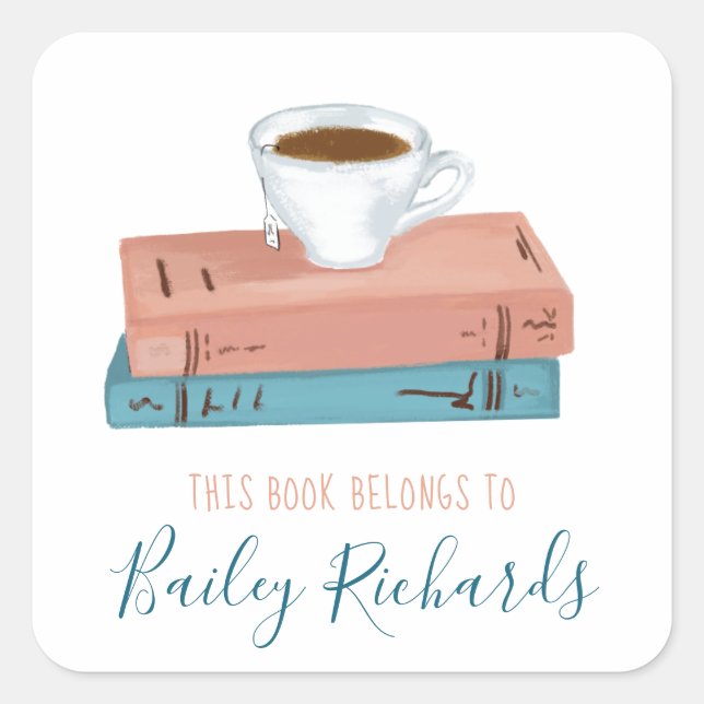 Coffee and Book Lover Bookplate Square Sticker (Front)