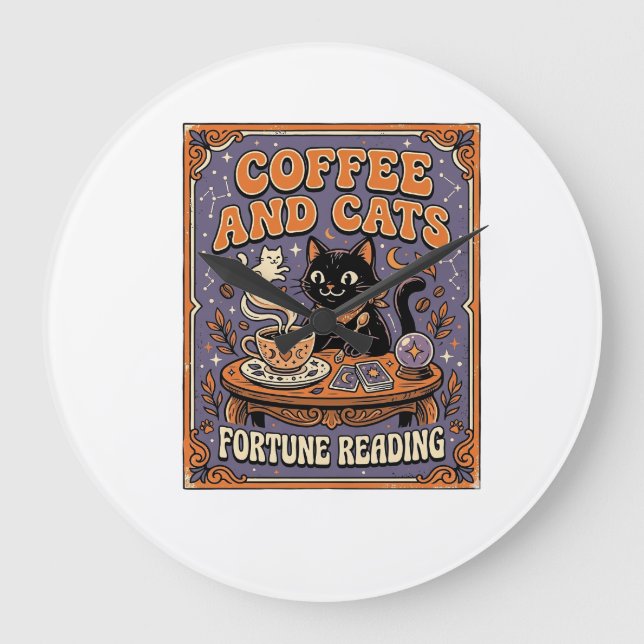 Coffee And Cats Cat Tea Leaves Coffee Fortune Read Large Clock (Front)