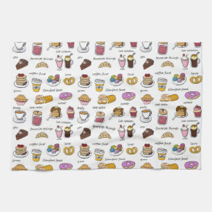 Coffee and Comfort Food Illustrated Pattern Tea Towel