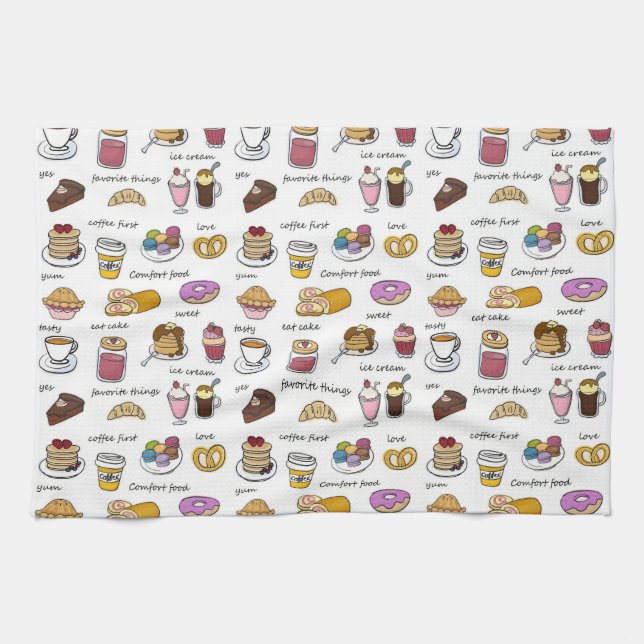Coffee and Comfort Food Illustrated Pattern Tea Towel (Horizontal)