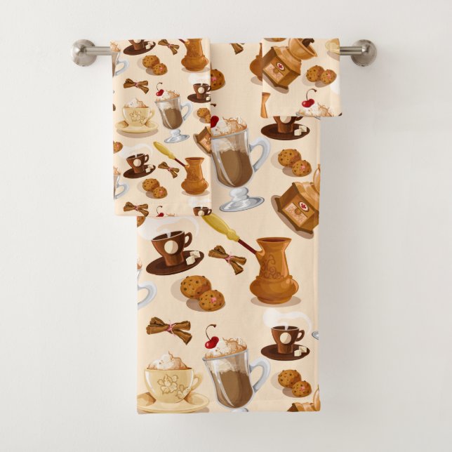 Coffee and Cookie Pattern Bath Towel Set (Insitu)