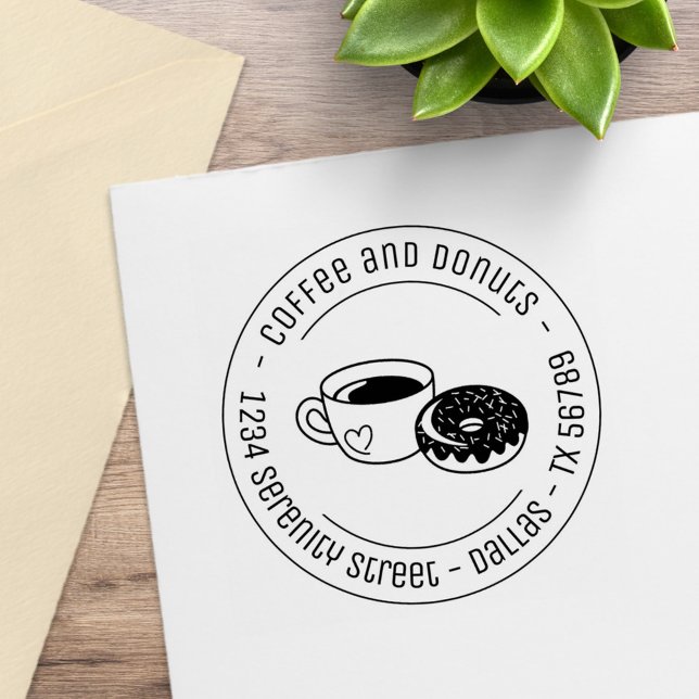 Coffee and Doughnut Business Round Address Rubber Stamp (Creator Uploaded)