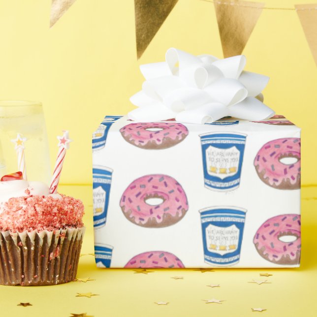 Coffee and Doughnuts Pink Frosted Doughnut Breakfa Wrapping Paper (Birthday Party)