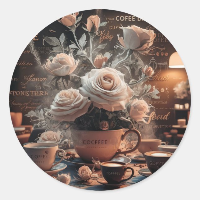 Coffee and Flower Classic Round Sticker (Front)