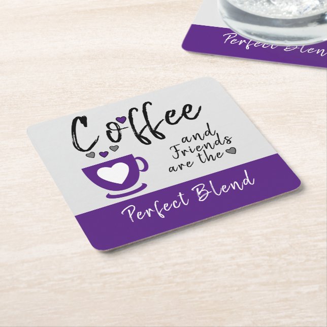 Coffee and friends perfect blend purple square paper coaster (Angled)