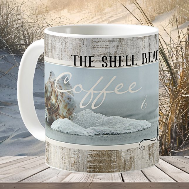 Coffee and Kisses Shell Beach House Mug (Mug featuring beautiful shells on a weathered wood background. Beautiful for a beach house)