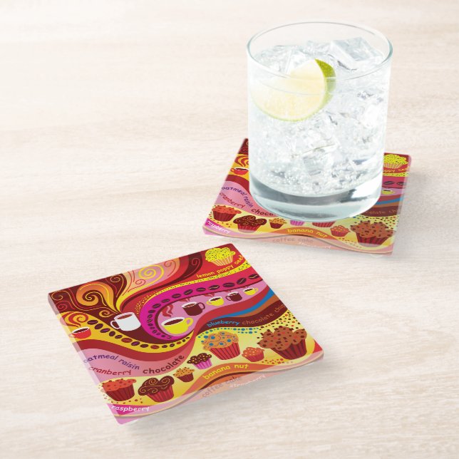 Coffee and Muffins Pattern Glass Coaster (Angled)