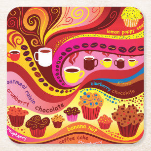 Coffee and Muffins Pattern Square Paper Coaster