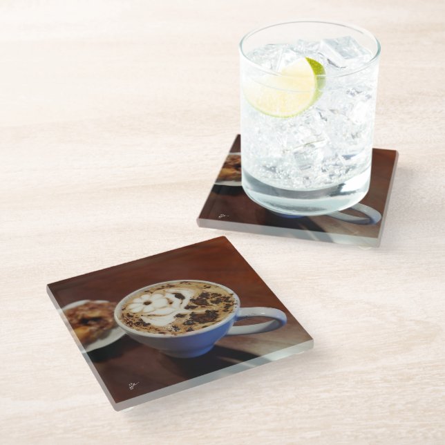 Coffee Art Cafe Latte Coffee Cup Rustic  Glass Coaster (Angled)