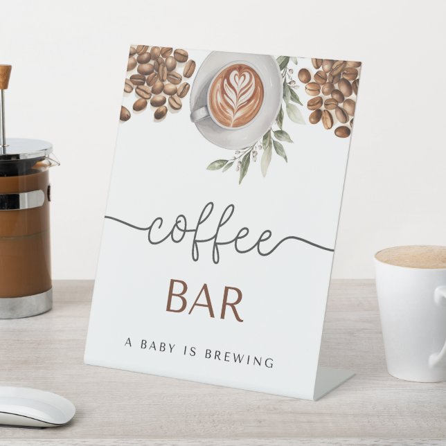 Coffee Baby Shower - a Baby is Brewing Coffee Bar Pedestal Sign (In SItu)