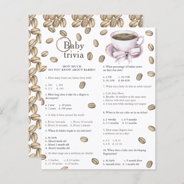 Coffee baby shower - Baby Trivia Game (Front/Back)