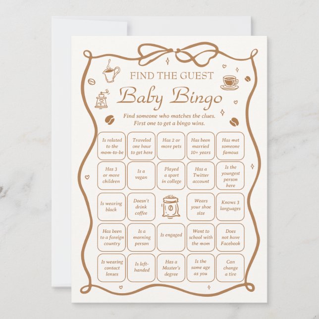 Coffee Baby Shower Find the Guest Bingo Game Card (Front)