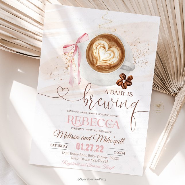 Coffee baby shower Is Brewing  bow Invitation (Coffee Baby Shower, Baby Girl, Coffee Theme, Cute Bow, Gender Reveal, Coffee Lover, Shower Decor, Ba)