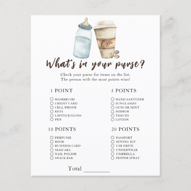 coffee baby shower - What's in your purse game (Front)